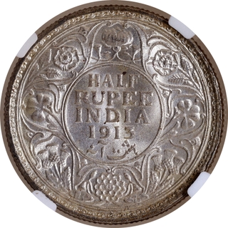 Key Date Extremely Rare NGC MS 63 Graded Silver Half Rupee Coin of King George V of Calcutta Mint of 1913.