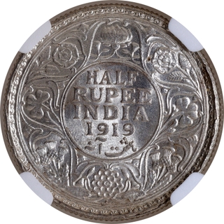 Rare NGC MS 64 Graded Silver Half Rupee Coin of King George V of Bombay Mint of 1919.