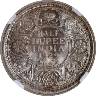 Rare NGC MS 64 Graded Silver Half Rupee Coin of King George V of Calcutta Mint of 1929.