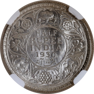 Rare Date NGC MS 63 Graded Silver Half Rupee Coin of King George V of Calcutta Mint of 1930.