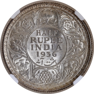 Rare NGC MS 65 Graded Silver Half Rupee Coin of King George V of Calcutta Mint of 1936.