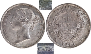 Rare Silver One Rupee Coin of Victoria Queen Divided Legend of Calcutta Mint of 1840.