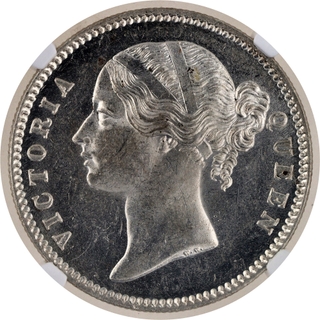 Rare NGC MS 62 Graded Silver One Rupee Coin of Victoria Queen Divided Legend of Calcutta/Bombay Mint of 1840.