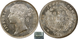 Very Rare PCGS MS 63 Graded Silver One Rupee Coin of Victoria Queen Divided Legend of Calcutta/Bombay Mint of 1840.