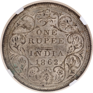 Rare NGC MS 62 Graded Silver One Rupee Coin of Victoria Queen of Calcutta Mint of 1862.