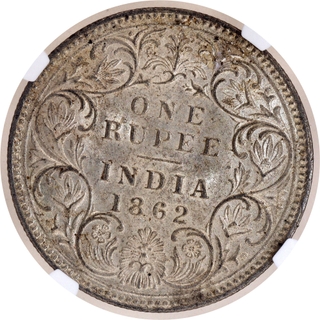 Rare NGC MS 62 Graded Silver One Rupee Coin of Victoria Queen of Calcutta Mint of 1862.