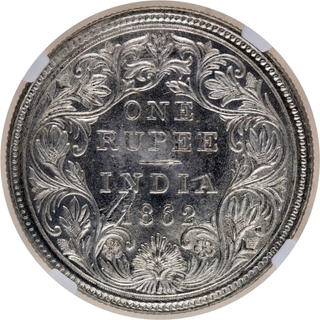 Extremely Rare NGC MS 63 Graded Silver One Rupee Coin of Victoria Queen of Madras Mint of 1862.