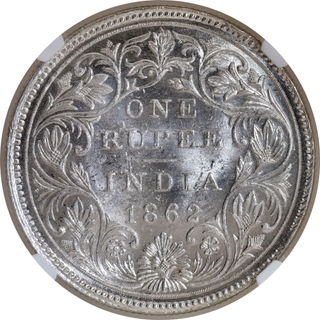 Very Rare NGC MS 63 Graded Silver One Rupee Coin of Victoria Queen of Madras Mint of 1862.