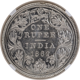 Very Rare NGC MS 62 Graded Silver One Rupee Coin of Victoria Queen of Madras Mint of 1862.