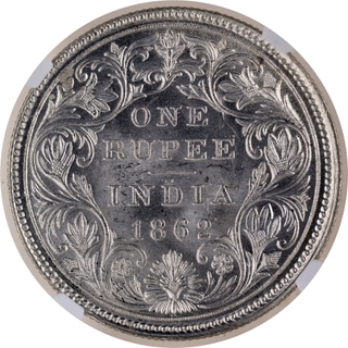 Very Rare NGC MS 63 Graded Silver One Rupee Coin of Victoria Queen of Madras Mint of 1862.