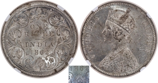 Extremely Rare NGC MS 62 Graded Silver One Rupee Coin of Victoria Queen of Bombay Mint of 1862.