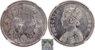 Extremely Rare NGC MS 62 Graded Silver One Rupee Coin of Victoria Queen of Bombay Mint of 1862.