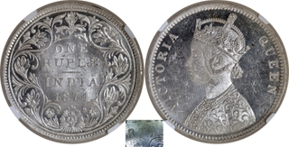 Very Rare NGC MS 62 Graded Silver One Rupee Coin of Bombay Mint of Victoria Queen of 1874.