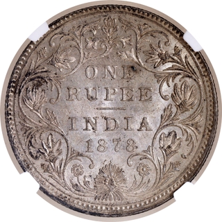 Rare NGC MS 61 Graded Silver One Rupee Coin of Victoria Empress of Bombay Mint of 1878.