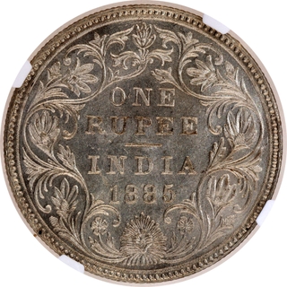 Very Rare NGC MS 62 Graded Silver One Rupee Coin of Victoria Empress of Bombay Mint of 1885.