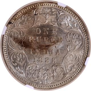 Extremely Rare Top Pop NGC MS 64 Graded Silver One Rupee Coin of Victoria Empress of Bombay Mint of 1888.