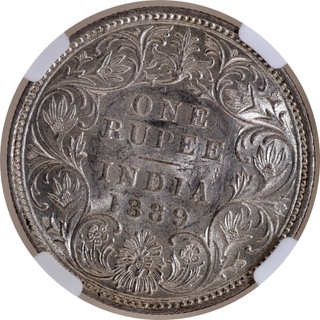 Rare NGC MS 61 Graded Silver One Rupee Coin of Victoria Empress of Bombay Mint of 1889.