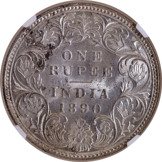 Very Rare NGC MS 63 Graded Silver One Rupee Coin of Victoria Empress of Bombay Mint of 1890.