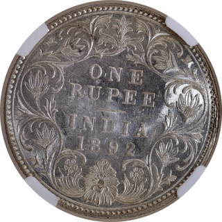 Very Scarce NGC MS 61 Graded Silver One Rupee Coin of Victoria Empress of Bombay Mint of 1892.