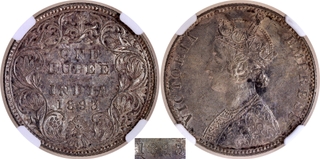 Extremely Rare Top Pop NGC UNC Graded 1893 (3 over 2) Silver One Rupee Coin of Victoria Empress of Bombay Mint.