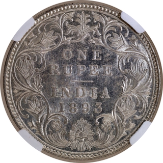 Scarce NGC MS 62 Graded Silver One Rupee Coin of Bombay Mint of Victoria Empress of 1893.