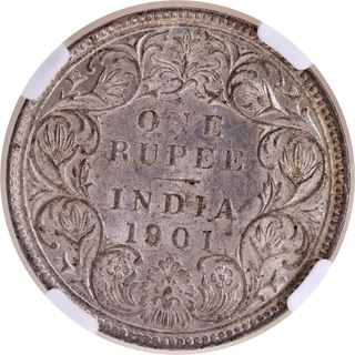 Scarce NGC MS 62 Graded Silver One Rupee Coin of Victoria Empress of Bombay Mint of 1901.