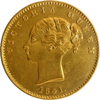 Extremely Rare Gold One Mohur Coin of Victoria Queen of Calcutta or Bombay Mint of 1841.