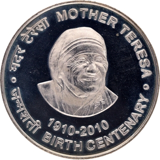 Silver One Hundred Rupees Coins of Mother Teresa Birth Centenary of Calcutta Mint of 2010.