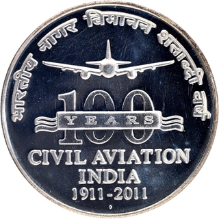 UNC Silver One Hundred Rupees Coin of Civil Aviation of 2011 of Bombay Mint.