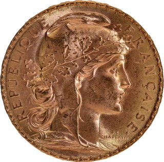 Gold Twenty Francs Coin of Troisieme Republiqua of France of 1908.