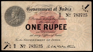 British India One Rupee Banknote of King George V of 1917 Signed by A C McWatters of Universalised Circle.