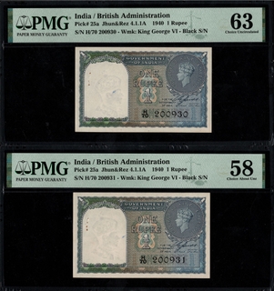 PMG Graded One Rupee Banknotes of British India of 1944 Signed by C E Jones.