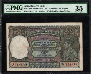 PMG Graded Madras Circle Hundred Rupees Banknote of King George VI of British India Signed by J B Taylor of 1938.