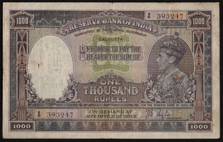 King George VI One Thousand Rupees Banknote of Calcutta Circle of 1938 Signed by J B Taylor of British India.