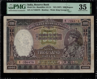 PMG Graded Thousand Rupees Banknote of King George VI of 1938 of Bombay Circle Signed by J B Taylor of British India.