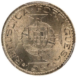 Top Pop Grade by PCGS MS66 Indo-Portuguese Republic of Portugal Copper Nickel Three Escudos 1959 AD Coin. 