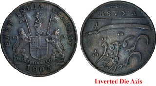 Madras Presidency Soho Mint Copper Five Cash 1803 AD Inverted Die Axis Coin.