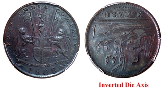 Graded by PCGS as AU Details Madras Presidency Soho Mint Copper Ten Cash 1808 AD Reverse Inverted Die Axis 1808 Coin.