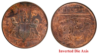 Rare Copper Ten Cash 1808 AD of Madras Presidency Inverted Die Axis Coin.