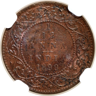 Rare NGC MS 64 BN Graded Copper One Twelfth Anna Coin of Victoria Empress of Calcutta Mint of 1899.