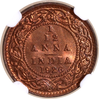 Rare NGC MS 66 RB Graded Bronze One Twelfth Anna Coin of King George V of Bombay Mint of 1926.