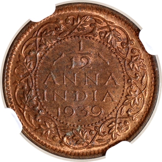 Rare Top Pop NGC MS 65 RB Graded Bronze One Twelfth Anna Coin of King George VI of Bombay Mint of 1939.