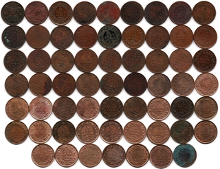 Very Rare Copper and Bronze One Twelfth Anna Sixty One Coins of Different Rulers and Years.Years.