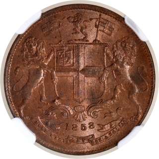 Rare NGC MS 65 RB Graded Copper One Quarter Anna Coin of East India Company of Birmingham Mint of 1858.