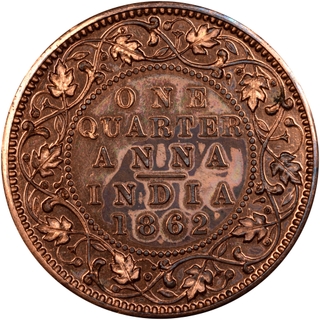 Extremely Rare NGC PF 62 RB Graded Copper One Quarter Anna Proof Coin of Victoria Queen of Calcutta Mint of 1862.