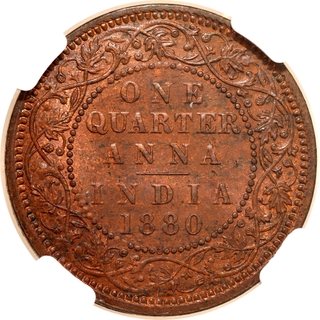 Very Rare Top Pop NGC MS 65 BN Graded Copper One Quarter Anna Coin of Victoria Empress of Calcutta Mint of 1880.