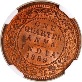 Very Rare NGC MS 65 RB Graded Copper One Quarter Anna Coin of Victoria Empress of Calcutta Mint of 1889.