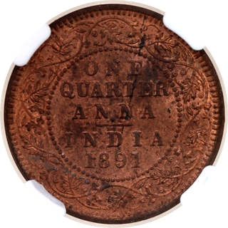 Scarce NGC MS 62 RB Graded Copper One Quarter Anna Coin of Victoria Empress of Calcutta Mint of 1891.