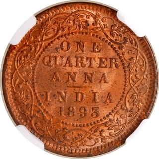 Scarce NGC MS 64 RD Graded Copper One Quarter Anna Coin of Victoria Empress of Calcutta Mint of 1893.