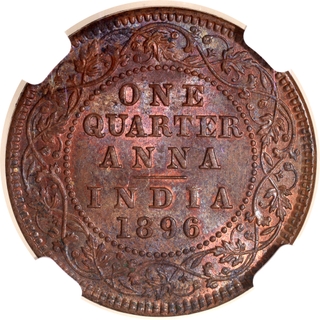 Very Rare Top Pop NGC MS 64 BN Graded Copper One Quarter Anna Coin of Victoria Empress of Calcutta Mint of 1896.